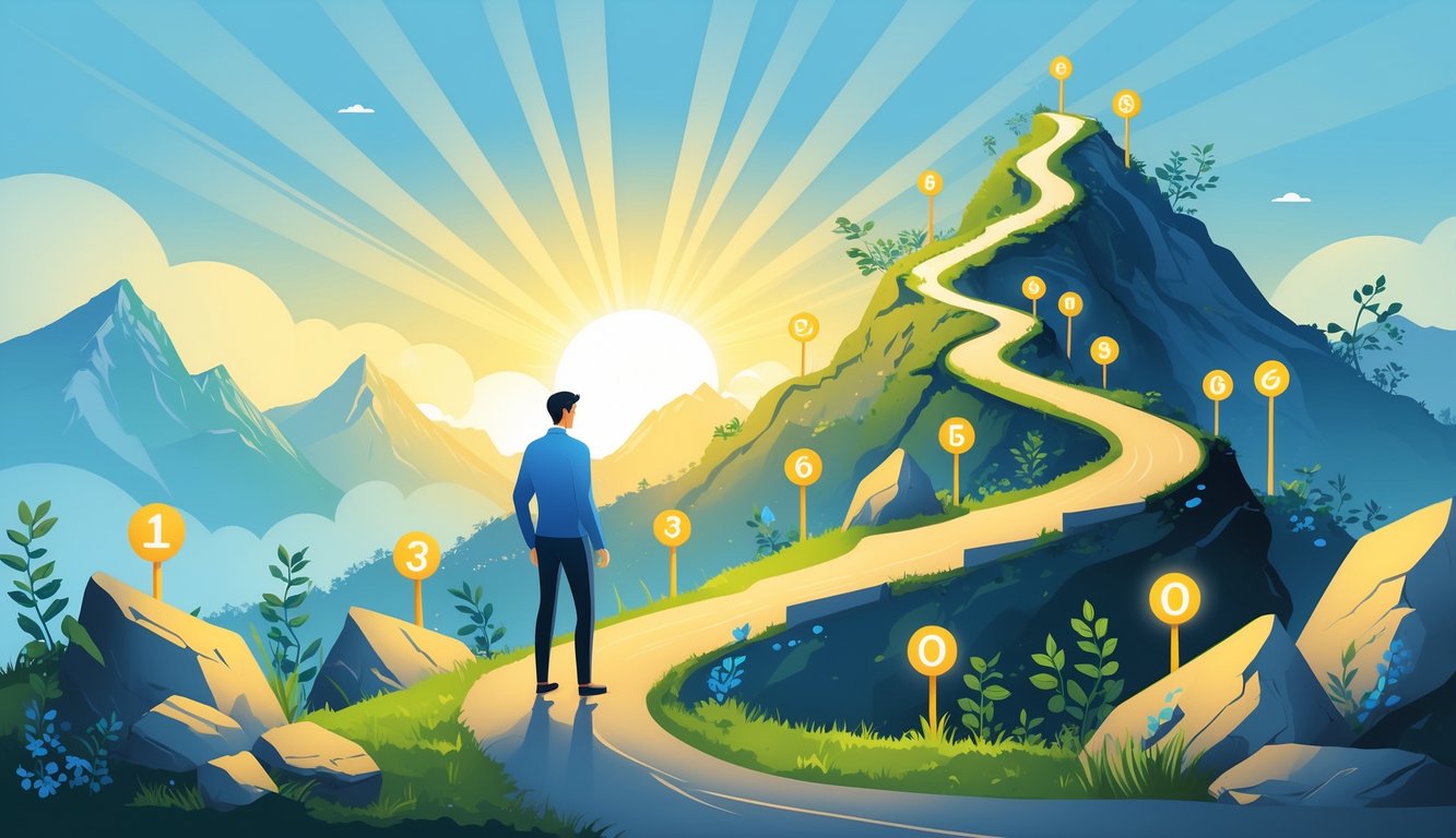 A person standing at the start of a winding mountain path leading toward a bright sunrise, surrounded by plants and rocks representing growth and resilience on a journey to success.