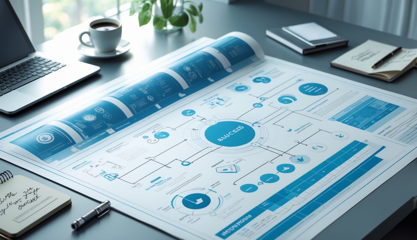 A desk with a detailed blueprint showing diagrams and icons representing steps to personal success, surrounded by a laptop, notebook, pen, and coffee cup in a bright office setting.
